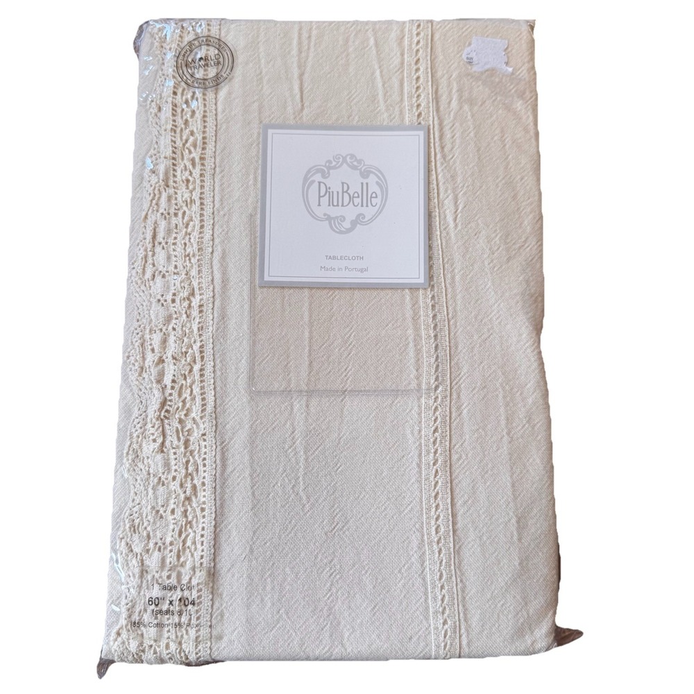 NEW Piu Belle Portugal Beige Cotton Linen Tablecloth Lace Crochet Edge 60" x 104